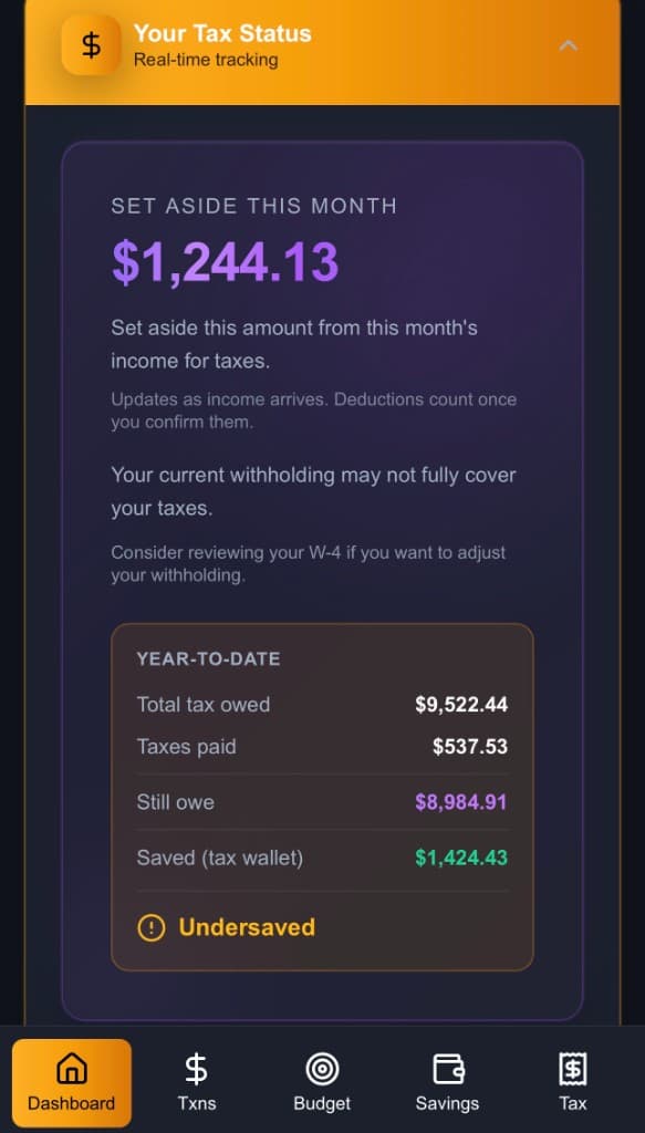 Real-time tax tracking with set aside amount, year-to-date tax owed, and tax wallet savings.
